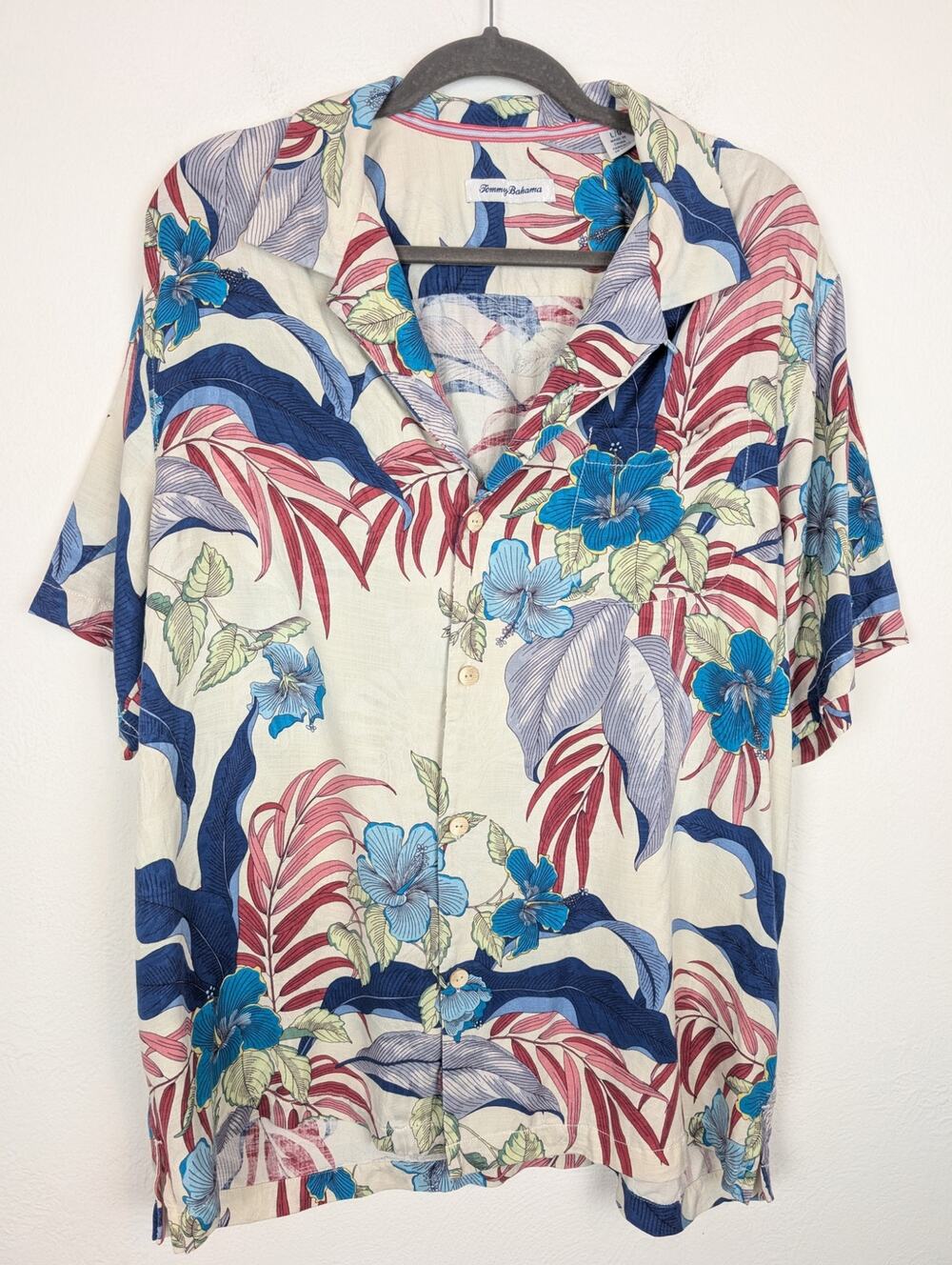 Tommy Bahama Hawaiian Shirt Camp Floral Silk Summer Vacation Cream Blue Size L